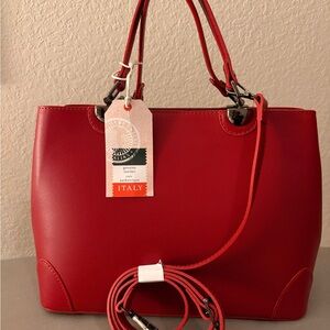 Divina Firenze Triple compartment   Red Leather satchel with Removable Strap